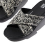 FitFlop GRACIE WOVEN Womens Slides Black/Ivory Mix side view showing woven upper and slip-on design.
