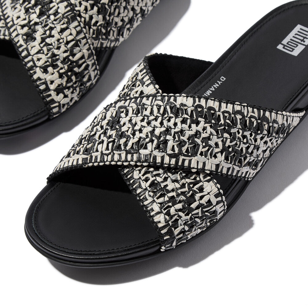 FitFlop GRACIE WOVEN Womens Slides Black/Ivory Mix side view showing woven upper and slip-on design.