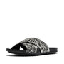 FitFlop GRACIE WOVEN Womens Slides Black/Ivory Mix side view with woven textile upper and rubber sole.