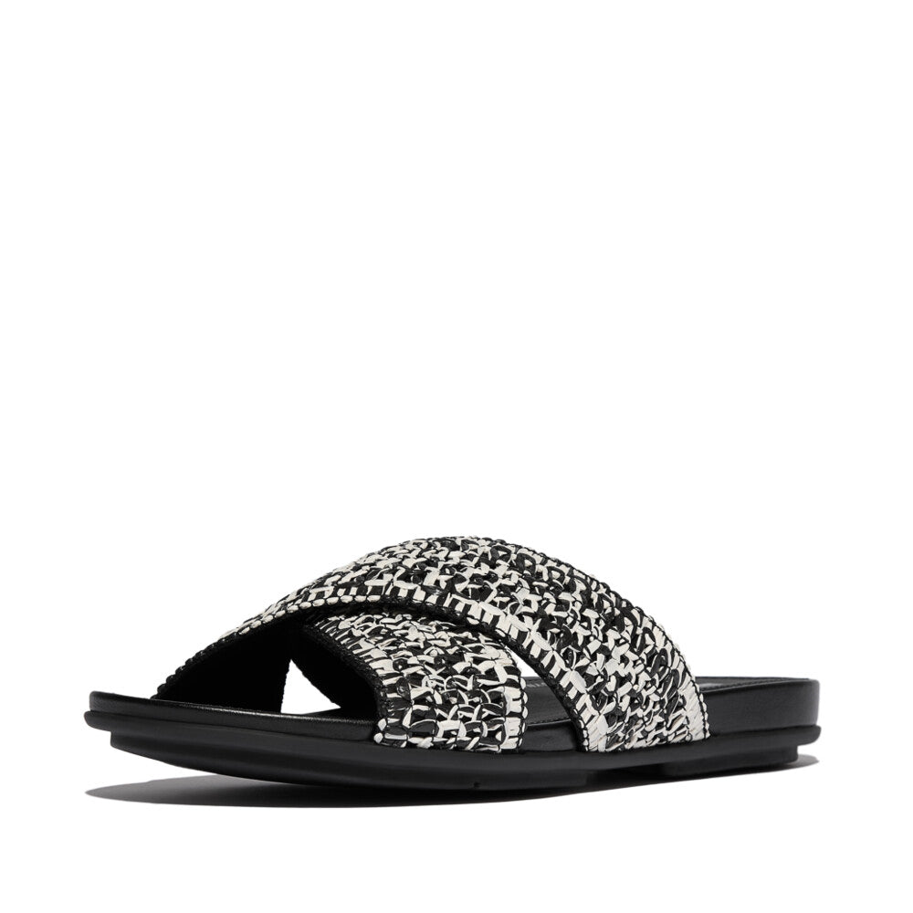 FitFlop GRACIE WOVEN Womens Slides Black/Ivory Mix side view with woven textile upper and rubber sole.