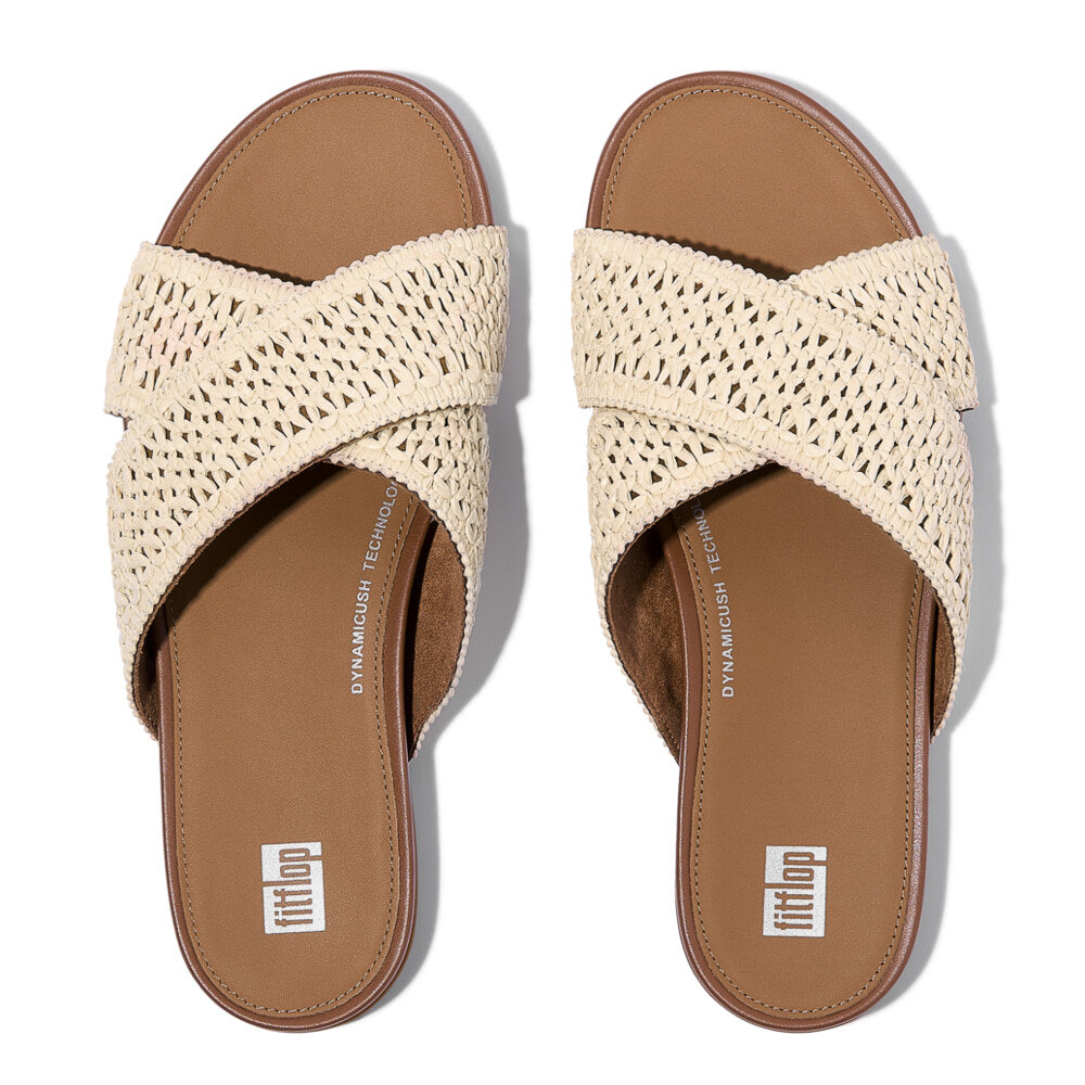 FitFlop GRACIE WOVEN Womens Slides Deep Tan/Ivory top view showing woven design and slip-on style.