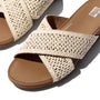 FitFlop GRACIE WOVEN Womens Slides Deep Tan/Ivory top view showcasing woven textile straps and rubber sole.