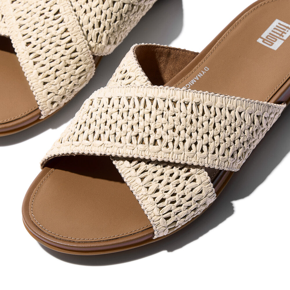 FitFlop GRACIE WOVEN Womens Slides Deep Tan/Ivory top view showcasing woven textile straps and rubber sole.