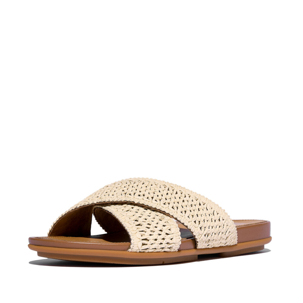 FitFlop GRACIE WOVEN Womens Slides Deep Tan/Ivory side view showing the woven design and comfortable slip-on style.