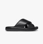 FitFlop iQUSHION D-LUXE Womens Slides All Black side view featuring leather upper and rubber sole.