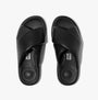 FitFlop iQUSHION D-LUXE Womens Slides All Black top view showcasing the sleek leather design and cross straps.