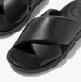 FitFlop iQUSHION D-LUXE Womens Slides All Black close-up view of black leather slide with cross strap design
