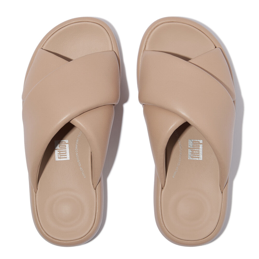 FitFlop iQUSHION D-LUXE Womens Slides Classic Beige top view showing the stylish design and comfortable fit.