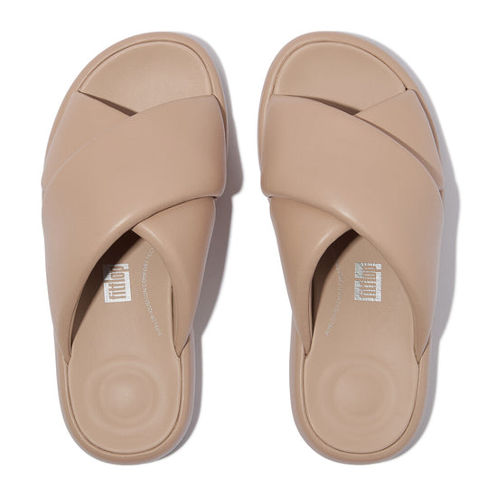 FitFlop iQUSHION D-LUXE Womens Slides Classic Beige top view showing the stylish design and comfortable fit.