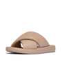 FitFlop iQUSHION D-LUXE Womens Slides Classic Beige side view showing comfortable design and smooth leather finish.