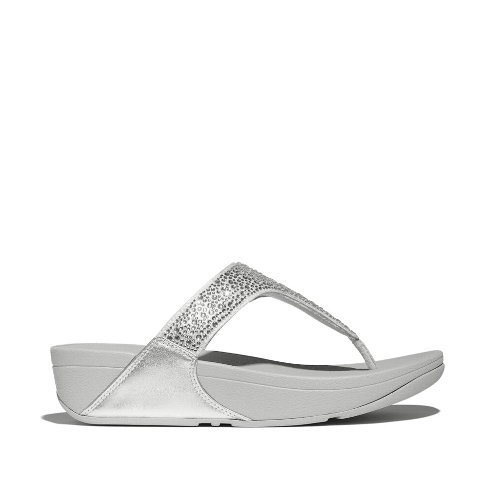 FitFlop LULU CRYSTAL-MIX Womens Toe Post Sandals Silver side view showcasing stylish design and comfort features.