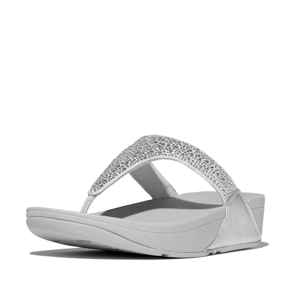 FitFlop LULU CRYSTAL-MIX Womens Toe Post Sandals Silver side view with crystal detailing and comfortable platform sole
