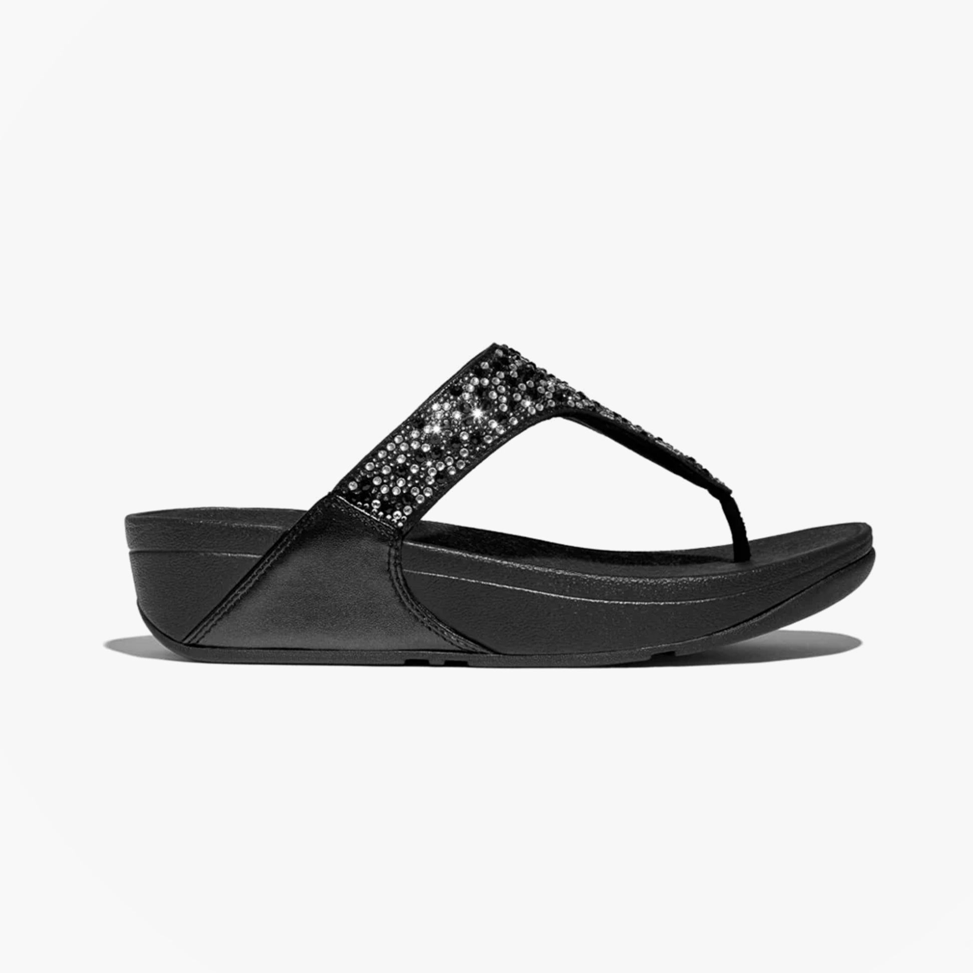 FitFlop LULU CRYSTAL-MIX Womens Toe Post Sandals All Black side view highlighting the sparkling upper.
