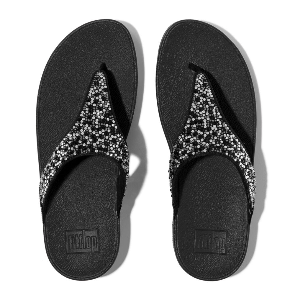 FitFlop LULU CRYSTAL-MIX Womens Toe Post Sandals All Black top view showcasing crystal details.