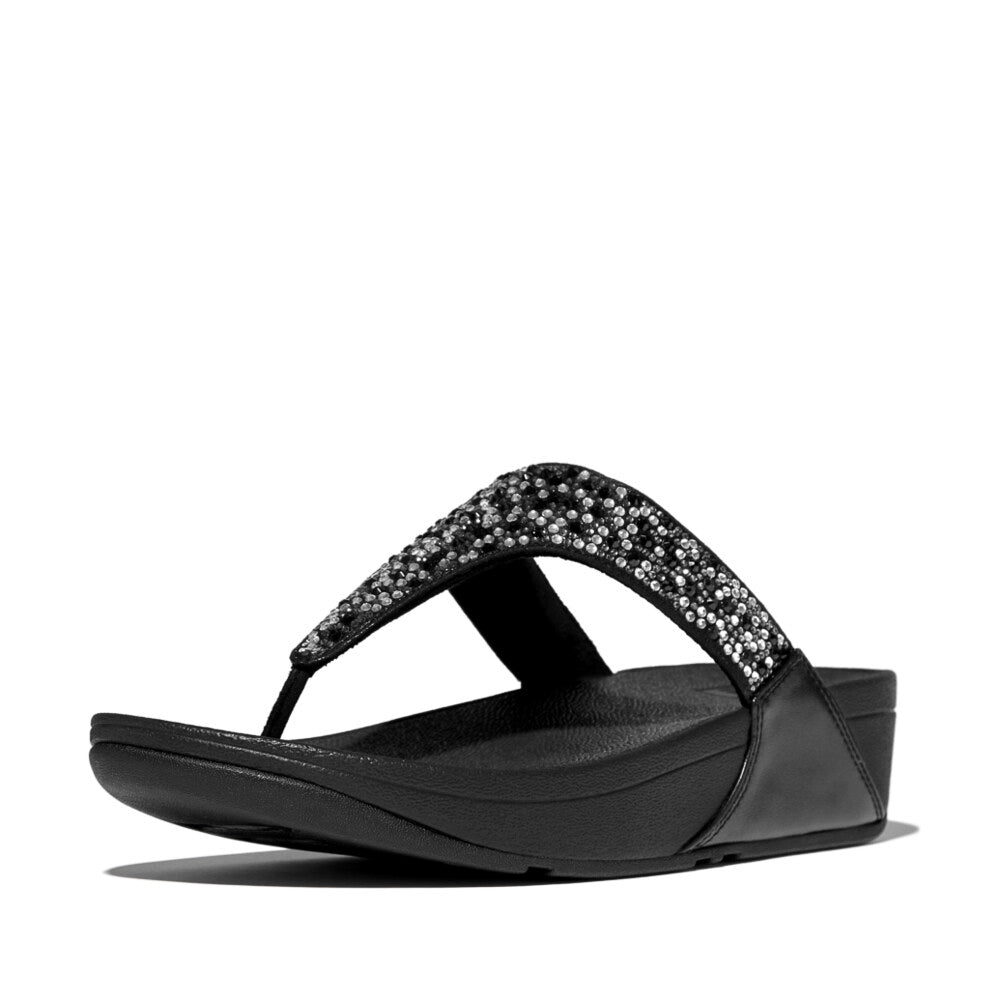 FitFlop LULU CRYSTAL-MIX Womens Toe Post Sandals All Black side view showcasing comfort and crystal details.