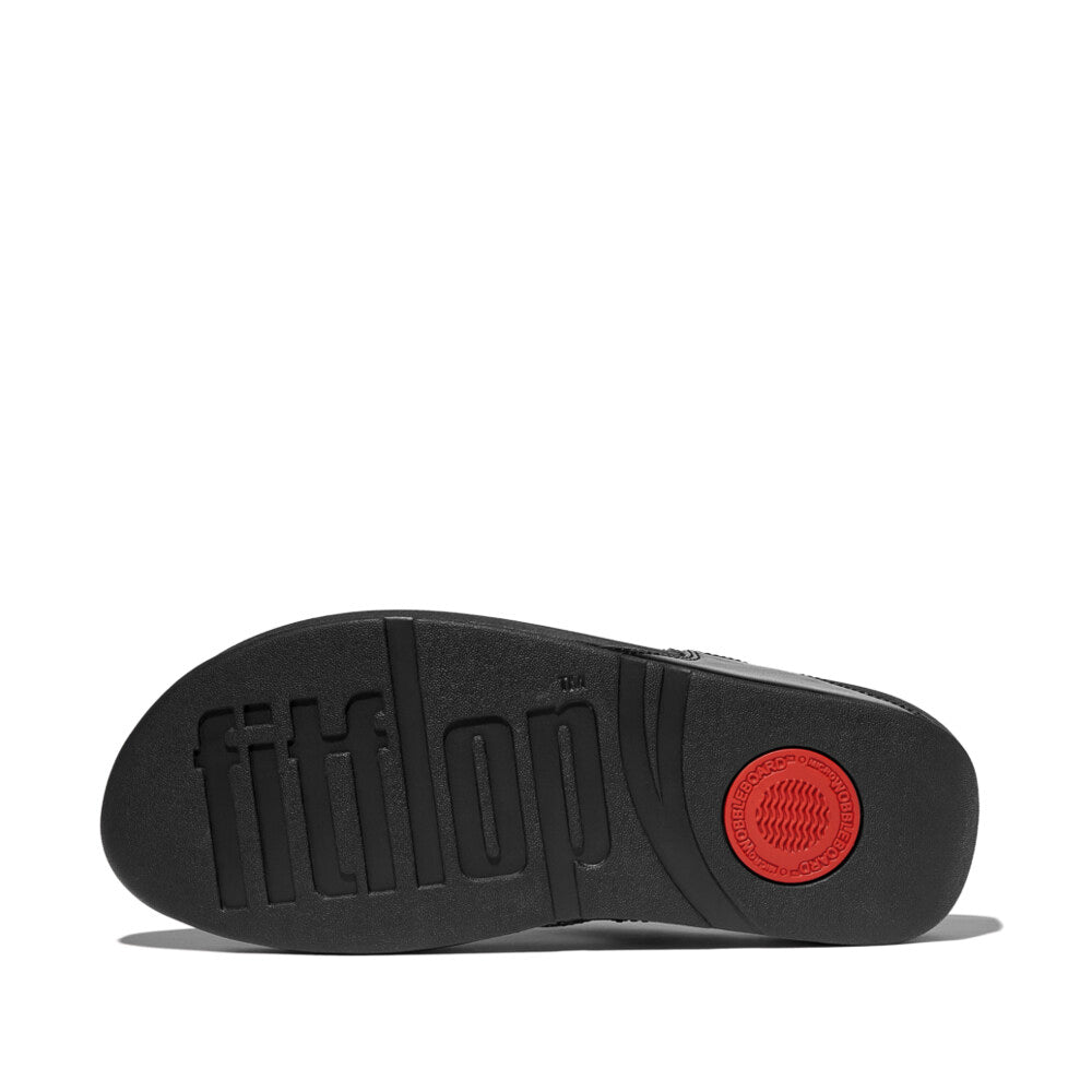 FitFlop LULU CRYSTAL-MIX Womens Toe Post Sandals All Black bottom view with red accents and textured rubber sole