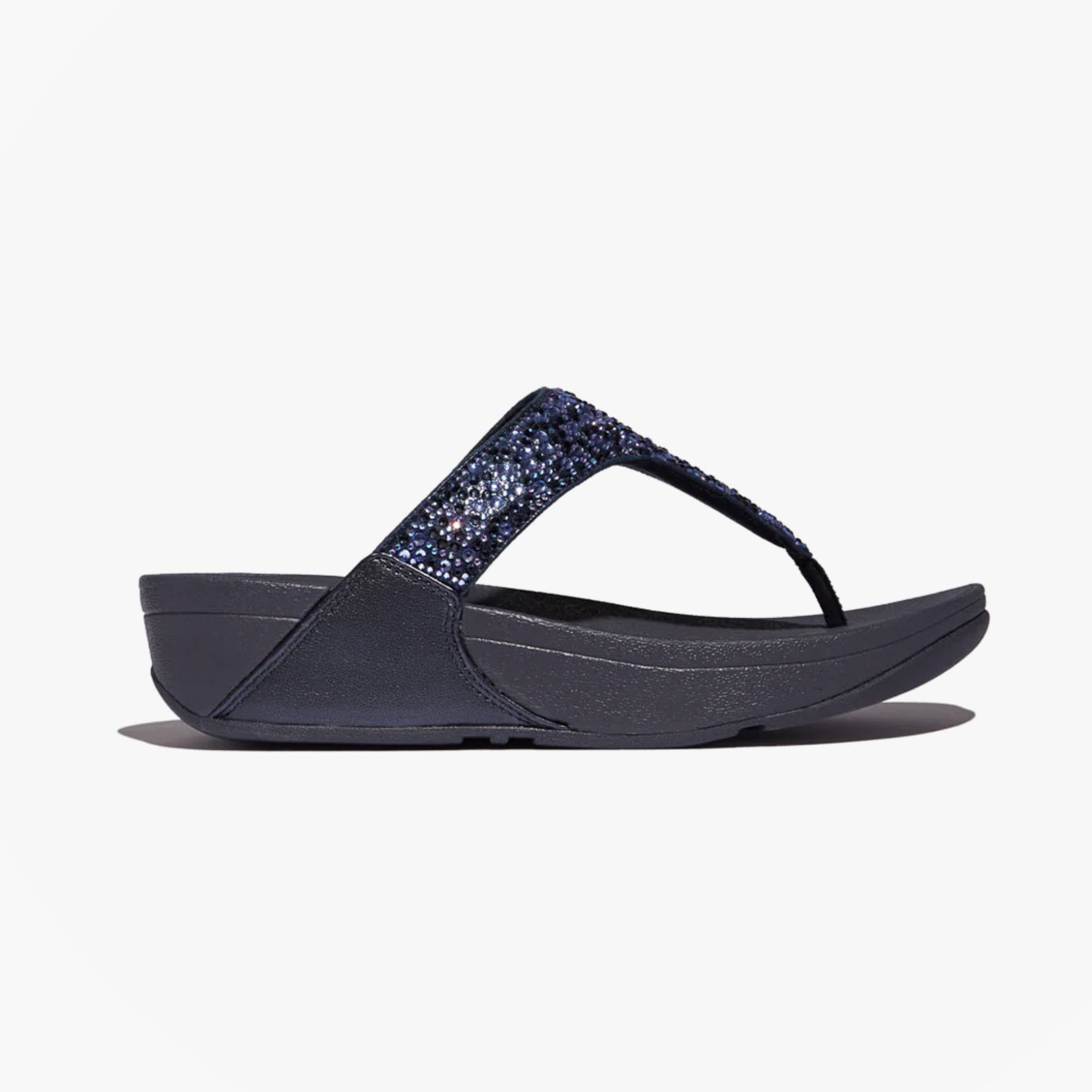 FitFlop LULU CRYSTAL-MIX Womens Toe Post Sandals Midnight Navy side view showing sparkling crystal accents.