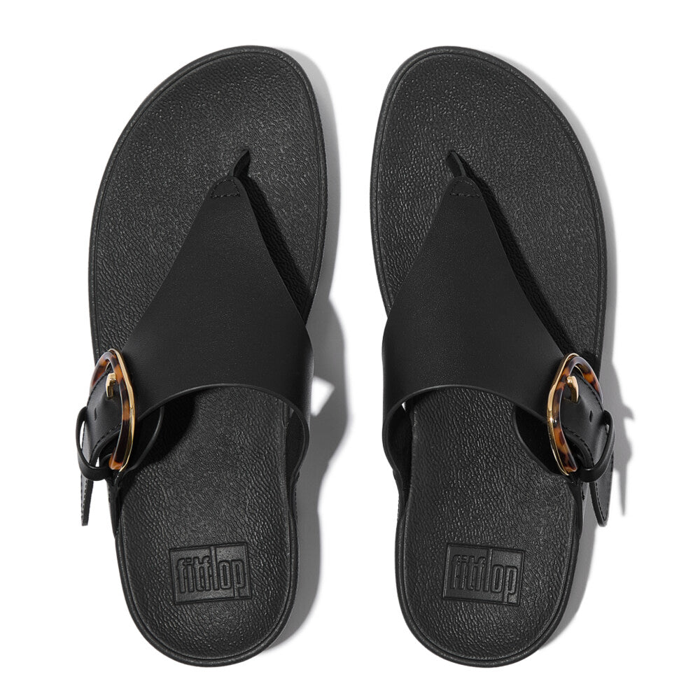 FitFlop LULU RESIN-BUCKLE Womens Toe Post Sandals All Black top view with resin buckle detail.