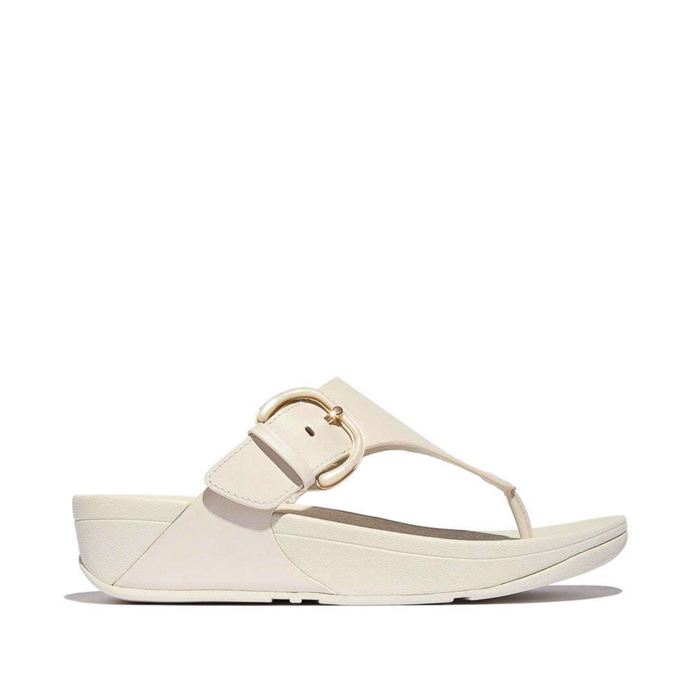 FitFlop LULU RESIN-BUCKLE Womens Toe Post Sandals Paris Beige side view with gold buckle detail.