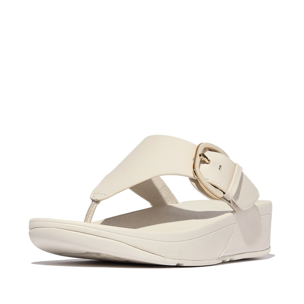 FitFlop LULU RESIN-BUCKLE Womens Toe Post Sandals Paris Beige side view showcasing leather upper and platform sole.