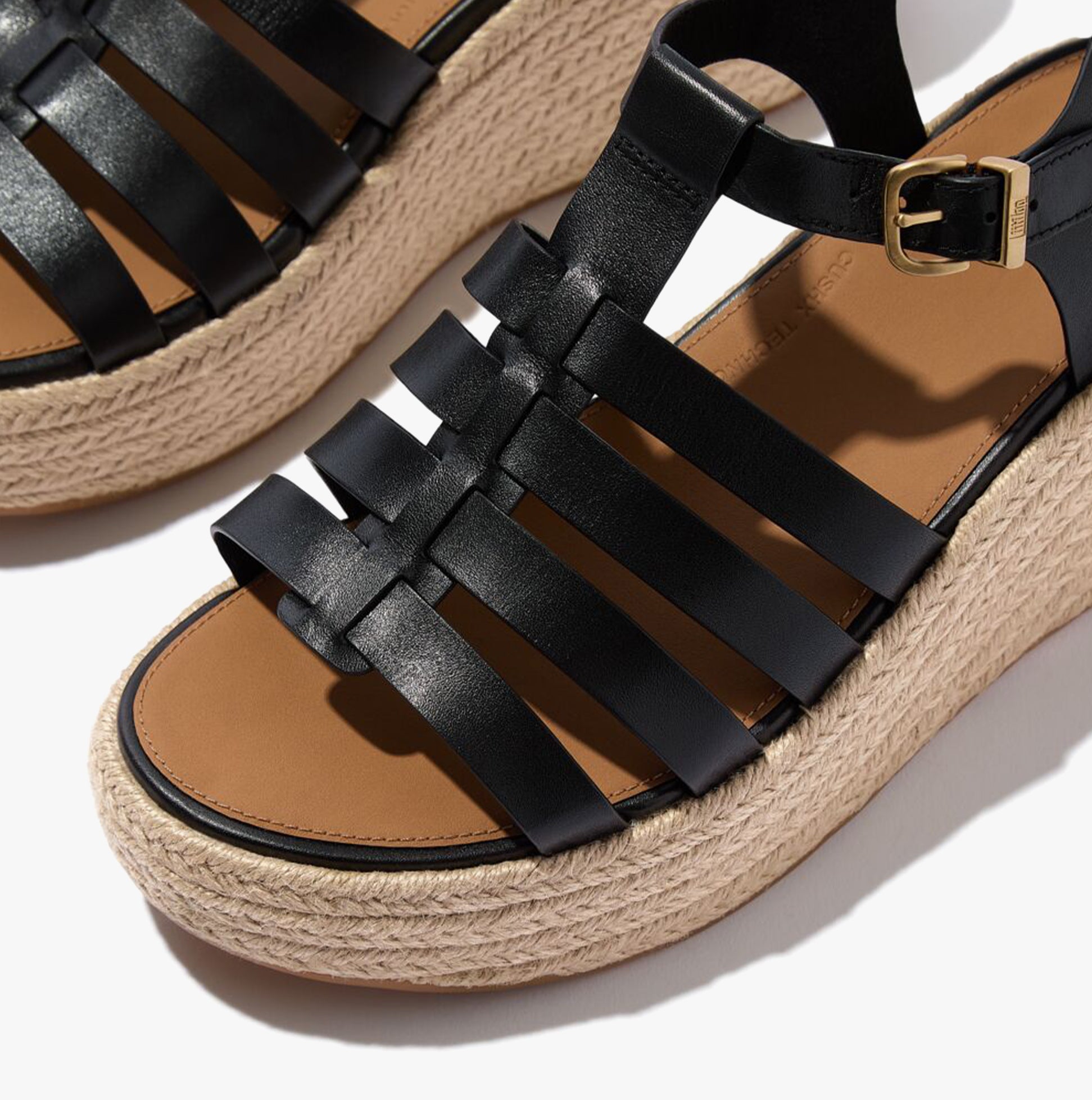 FitFlop PLATFFORMS ESPADRILLE Womens Wedge Sandals Black top view showcasing the stylish leather straps and wedge sole.