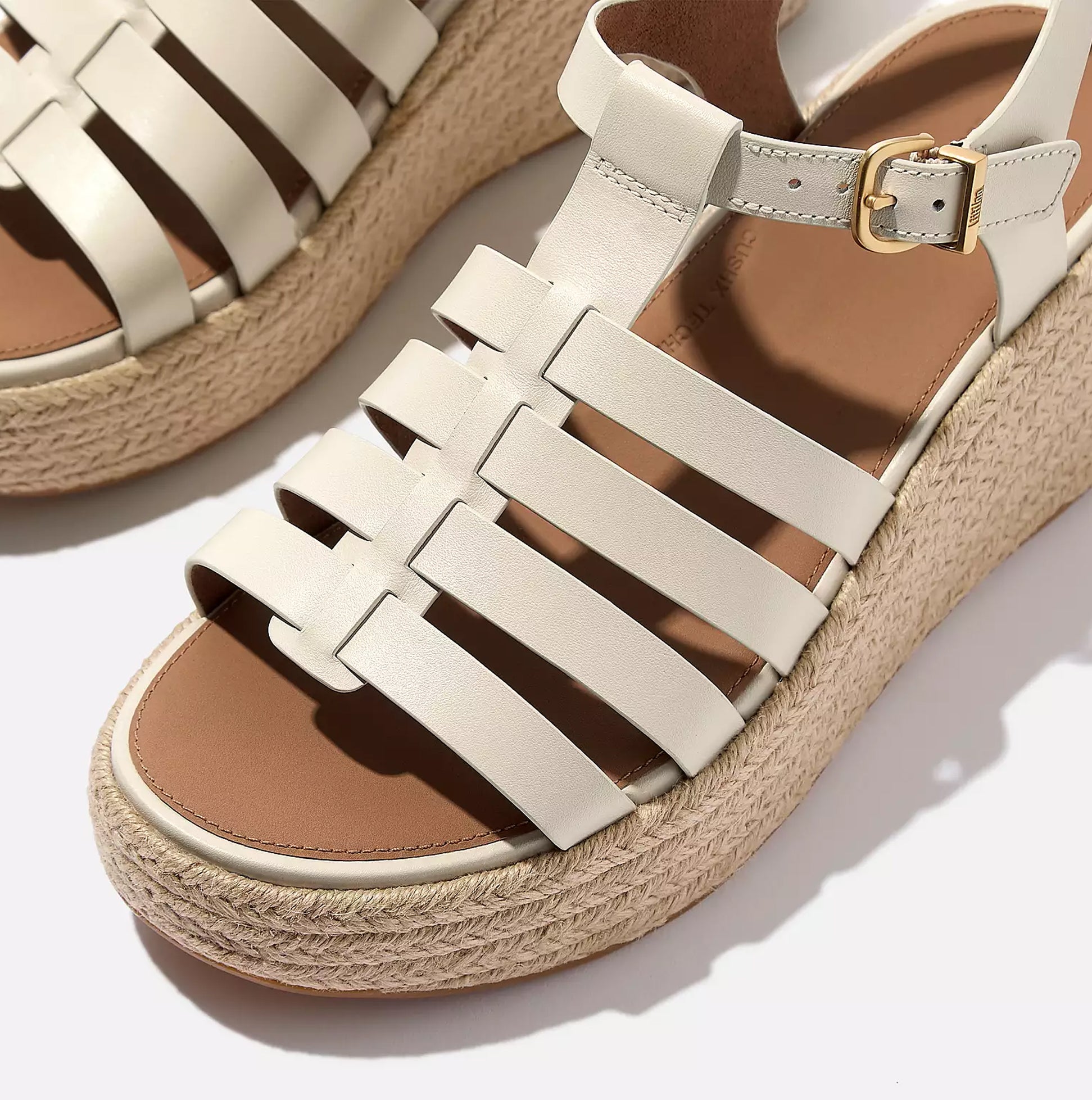 FitFlop PLATFFORMS ESPADRILLE Womens Wedge Sandals Paris Beige side view showcasing leather straps and wedge heel.