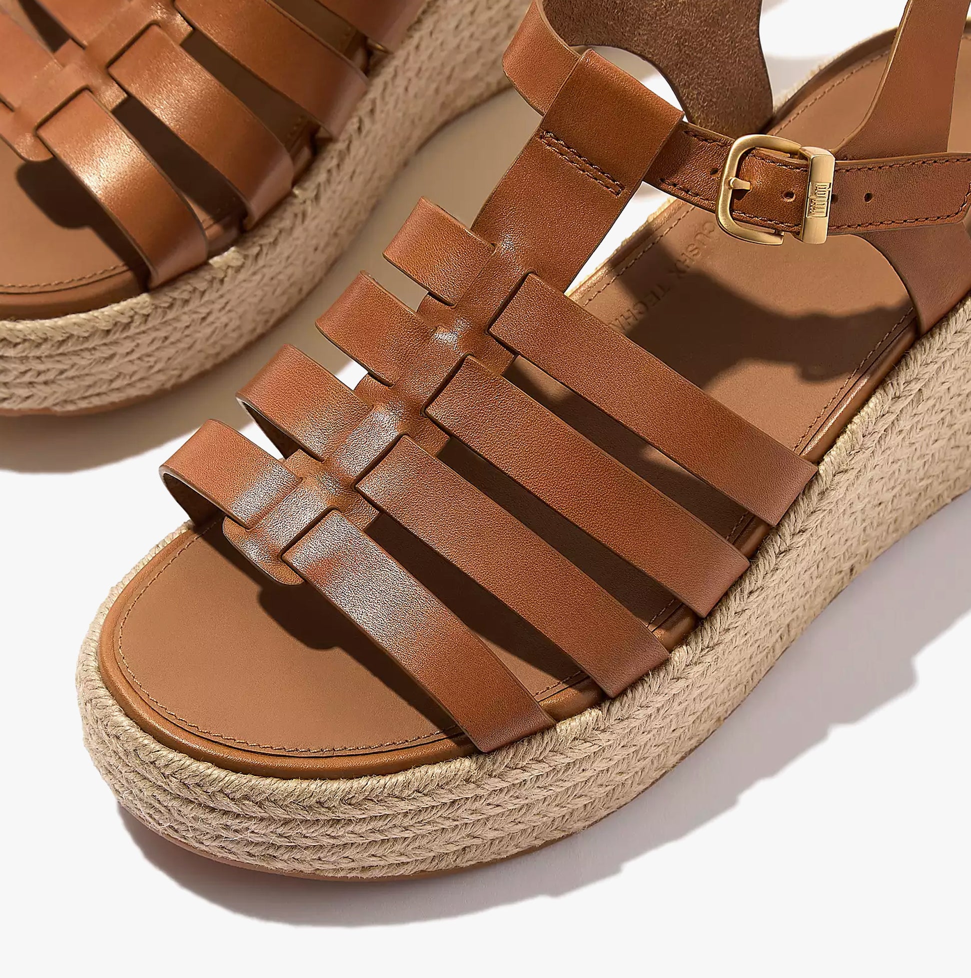 FitFlop PLATFFORMS ESPADRILLE Womens Wedge Sandals Deep Tan top view with leather upper and wedge heel detail.