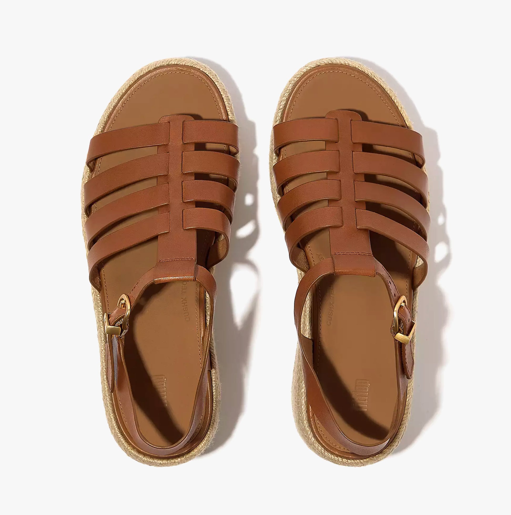 FitFlop PLATFFORMS ESPADRILLE Womens Wedge Sandals Deep Tan top view, showcasing leather upper and buckle closure.