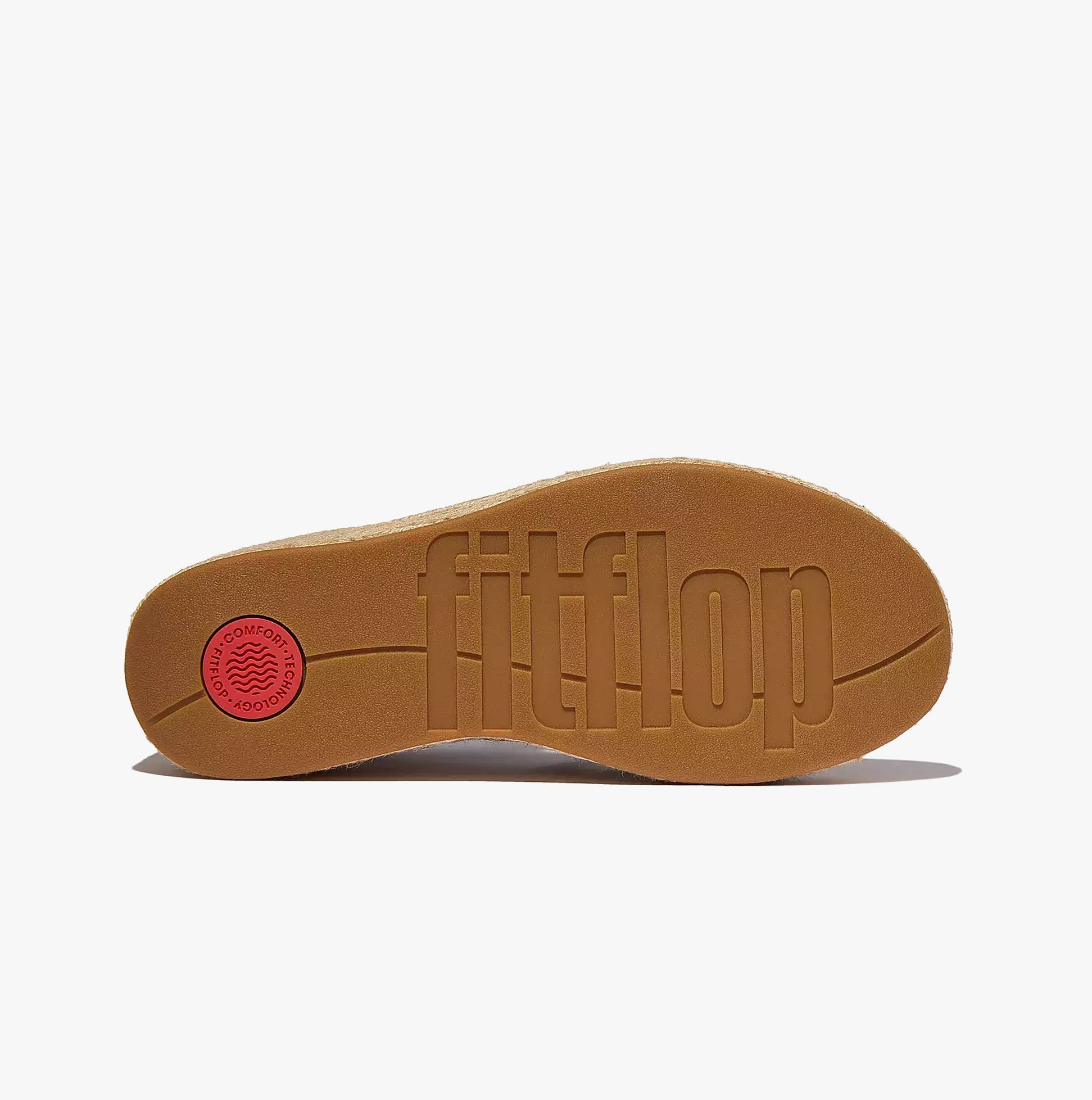 FitFlop PLATFFORMS ESPADRILLE Womens Wedge Sandals Deep Tan bottom view showing sole with logo and natural texture.