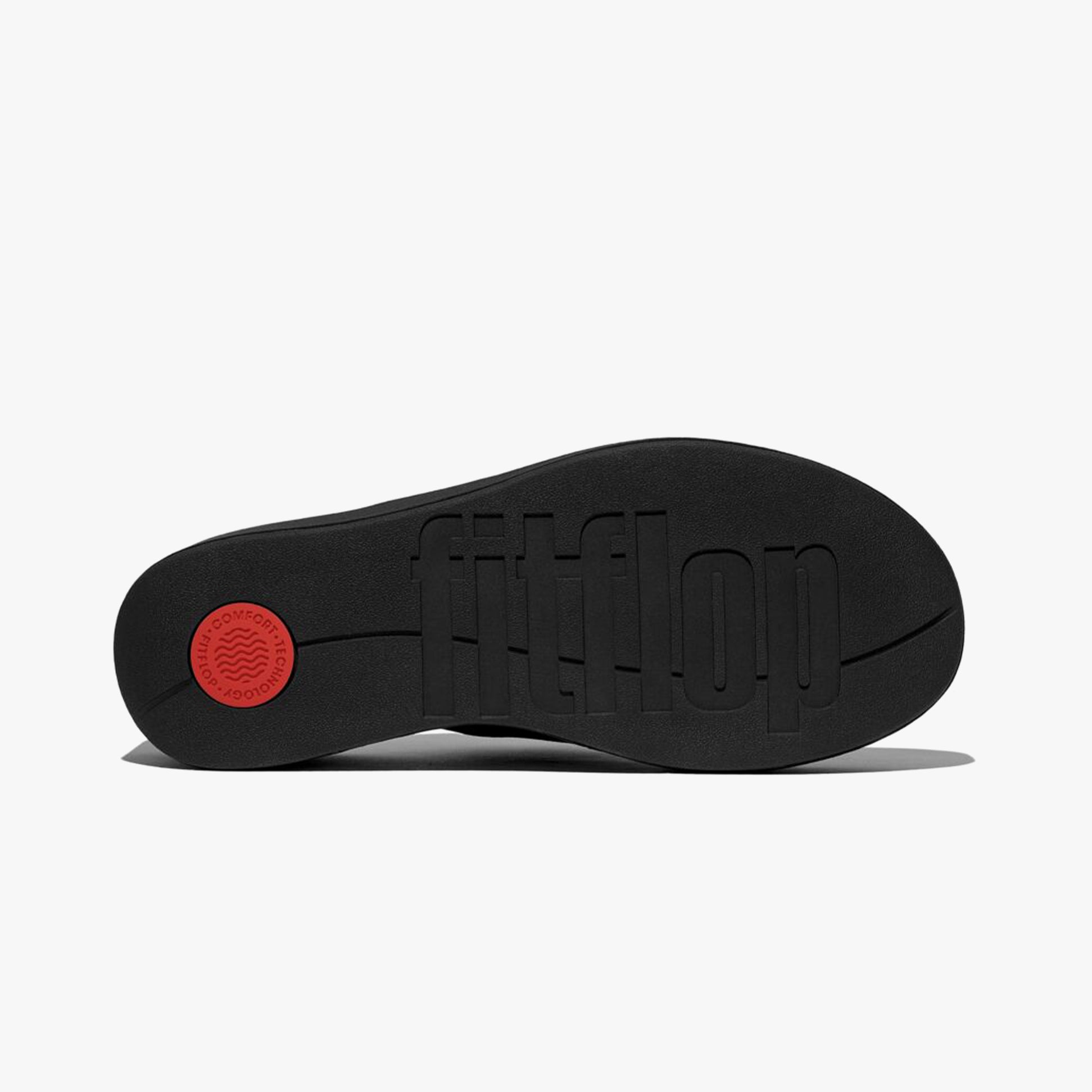 FitFlop PLATFFORMS WEDGE Womens Toe Post Sandals All Black bottom view showing rubber sole with fitflop branding