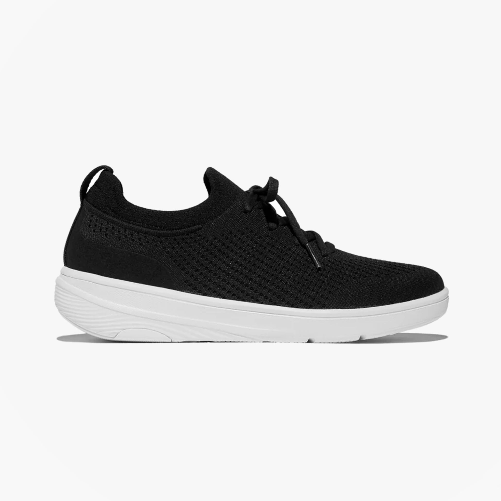 FitFlop SUPER-Q KNIT Womens Trainers Black side view featuring lace-up closure and comfortable textile upper.