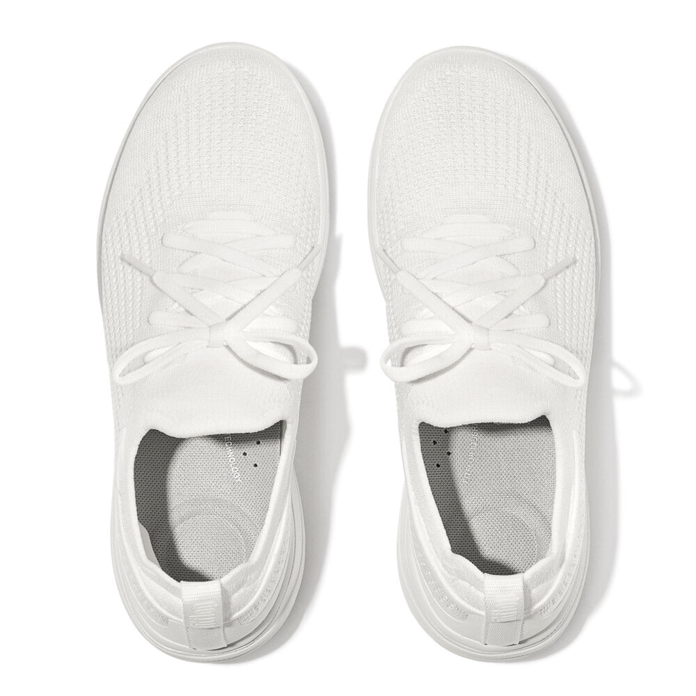 FitFlop SUPER-Q KNIT Womens Trainers Urban White top view showing breathable textile upper and round toe design.