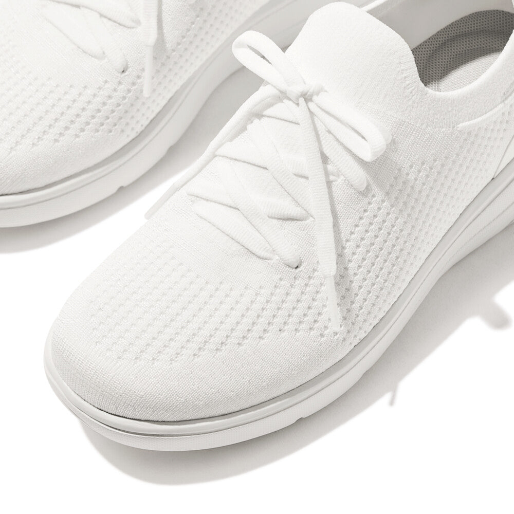 FitFlop SUPER-Q KNIT Womens Trainers Urban White top detail view showcasing breathable textile upper and lace-up closure.