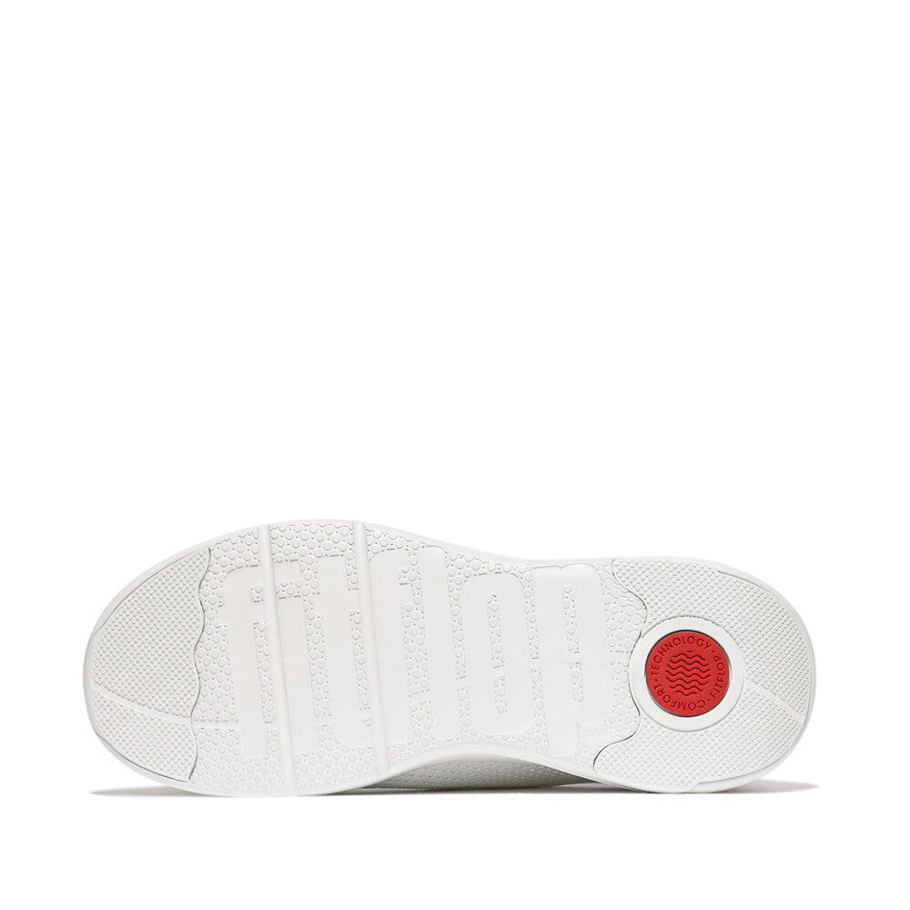 FitFlop SUPER-Q KNIT Womens Trainers Urban White bottom view showcasing rubber sole design with red details.