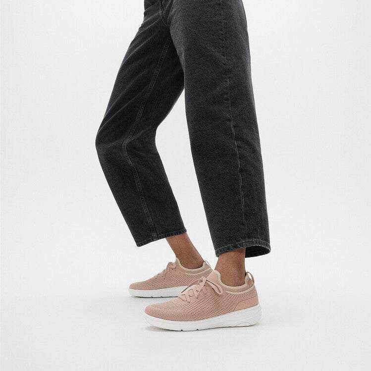 FitFlop SUPER-Q KNIT Womens Trainers Beige Buff/Rose Gold side view with casual jeans.