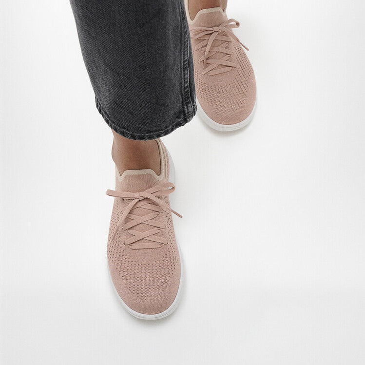 FitFlop SUPER-Q KNIT Womens Trainers Beige Buff/Rose Gold top view, showcasing lace-up design and breathable textile upper.