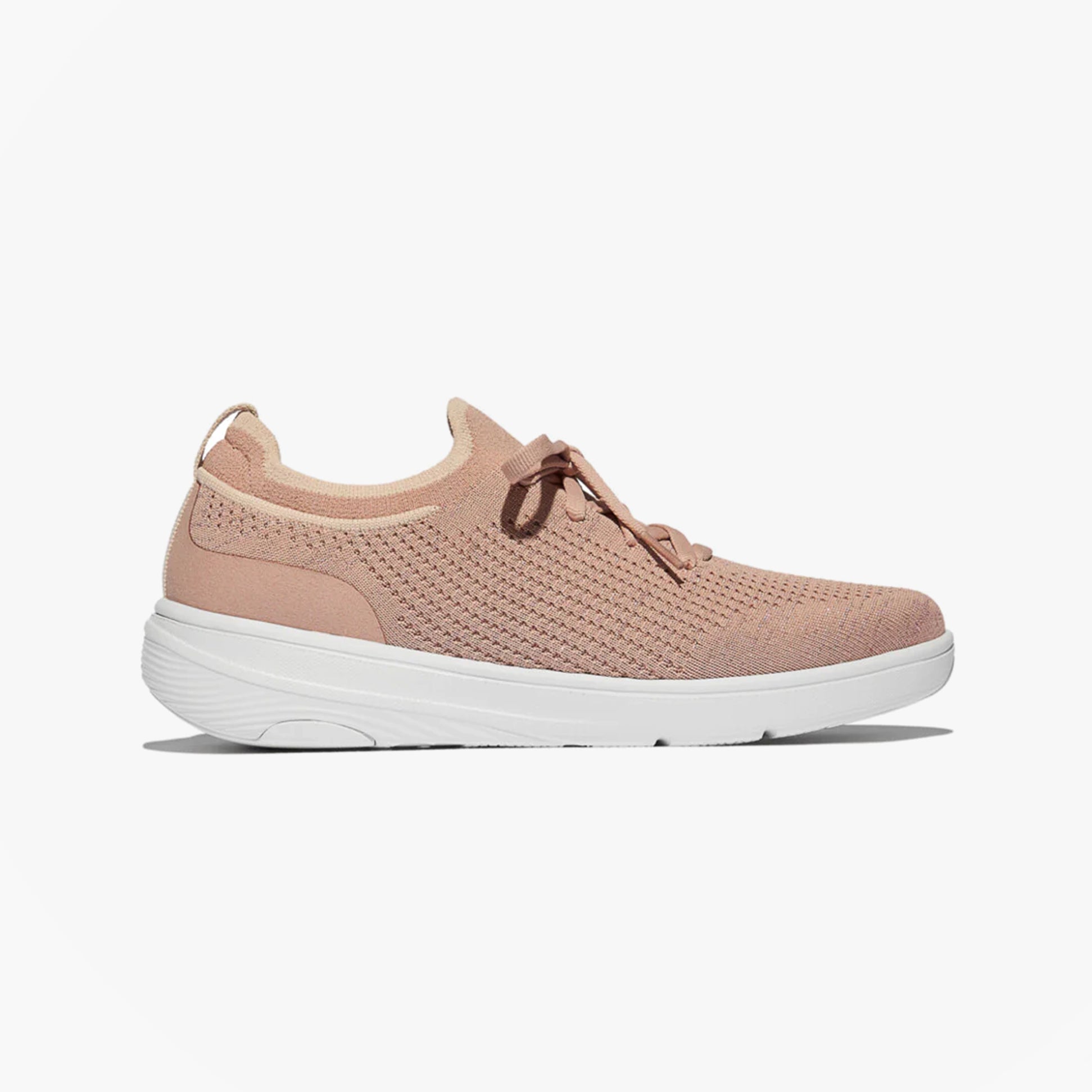 FitFlop SUPER-Q KNIT Womens Trainers Beige Buff/Rose Gold side view showcasing breathable textile upper and lace-up design.