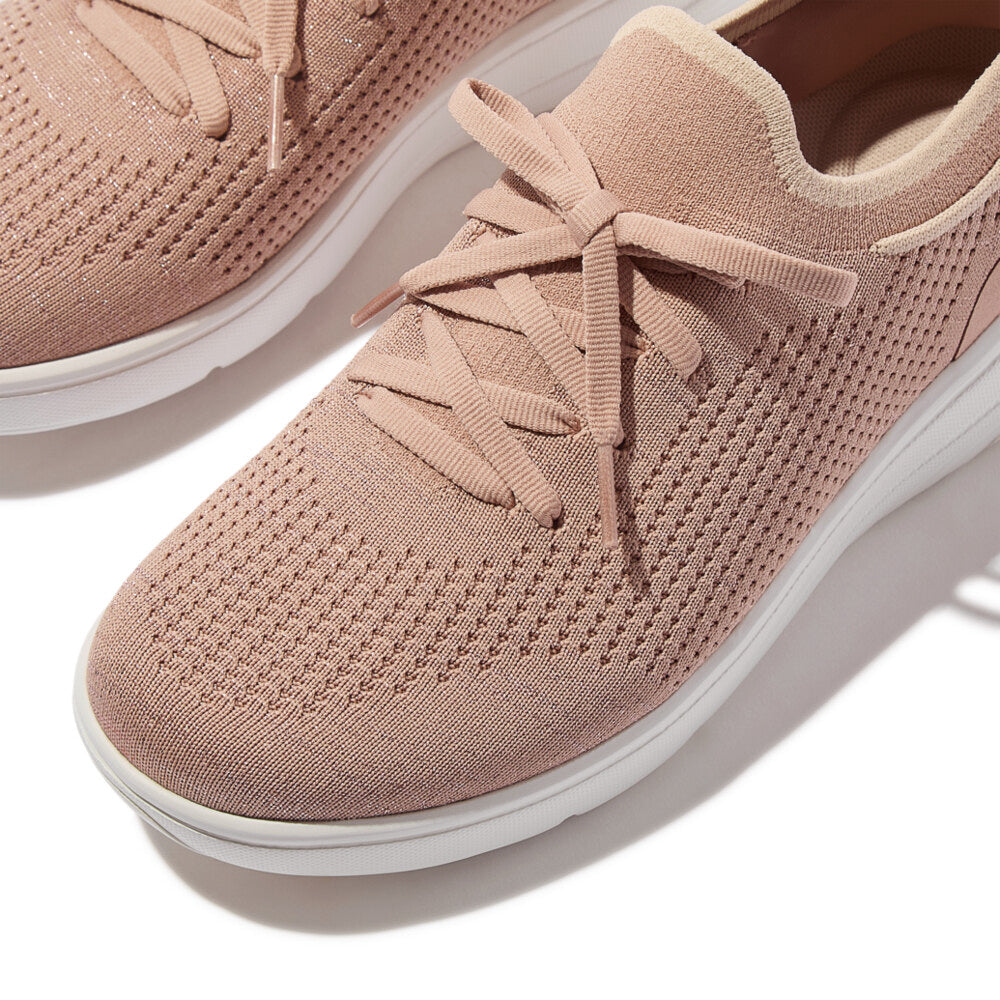 FitFlop SUPER-Q KNIT Womens Trainers Beige Buff/Rose Gold detail view, showcasing breathable textile upper and lace-up closure.