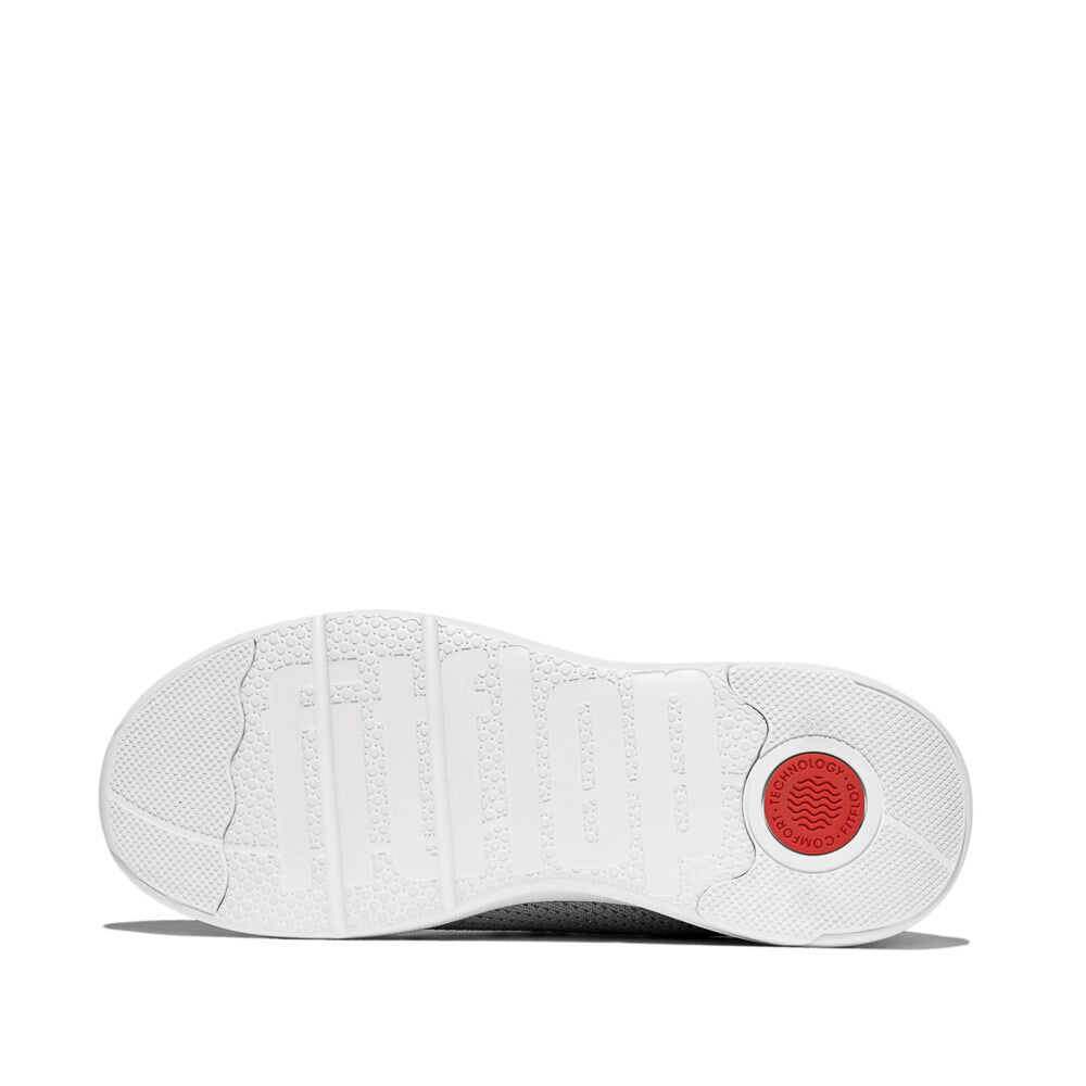 FitFlop SUPER-Q KNIT Womens Trainers Beige Buff/Rose Gold sole view with rubber material and red logo detail.