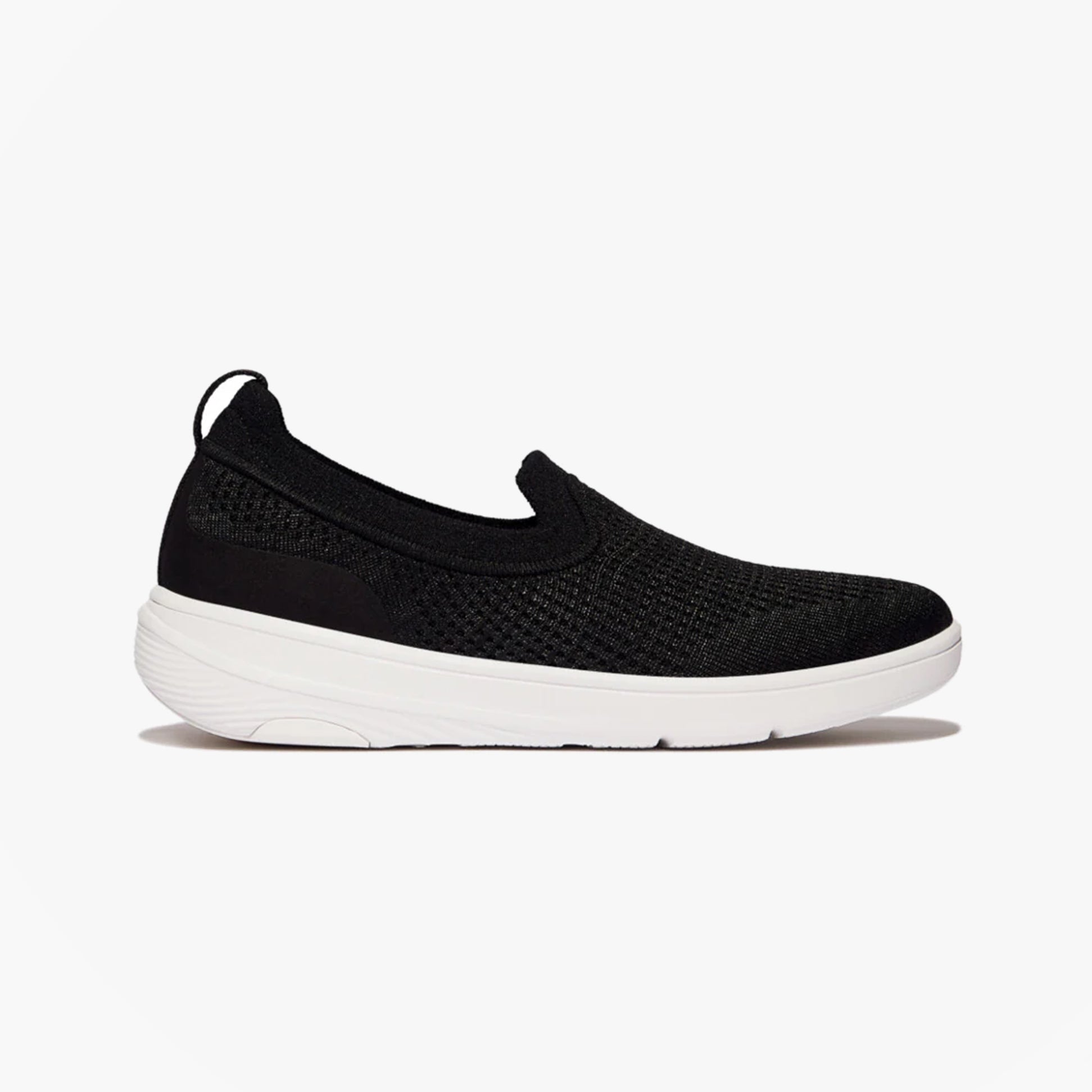 FitFlop SUPER-Q KNIT Womens Trainers Black side view with textile upper and rubber sole, casual slip-on design.
