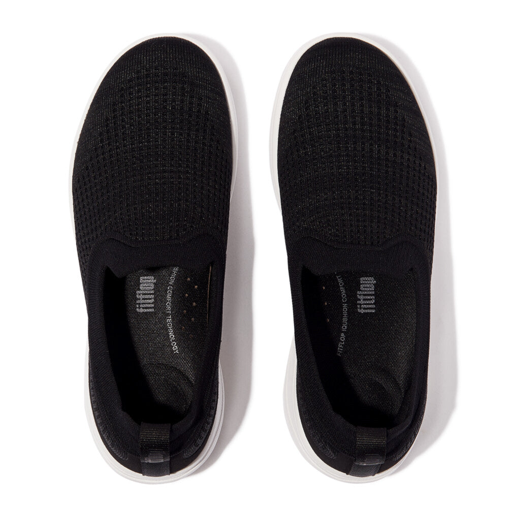 FitFlop SUPER-Q KNIT Womens Trainers Black top view showcasing the casual textile upper and slip-on design.