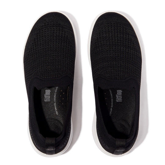 FitFlop SUPER-Q KNIT Womens Trainers Black top view showcasing the casual textile upper and slip-on design.