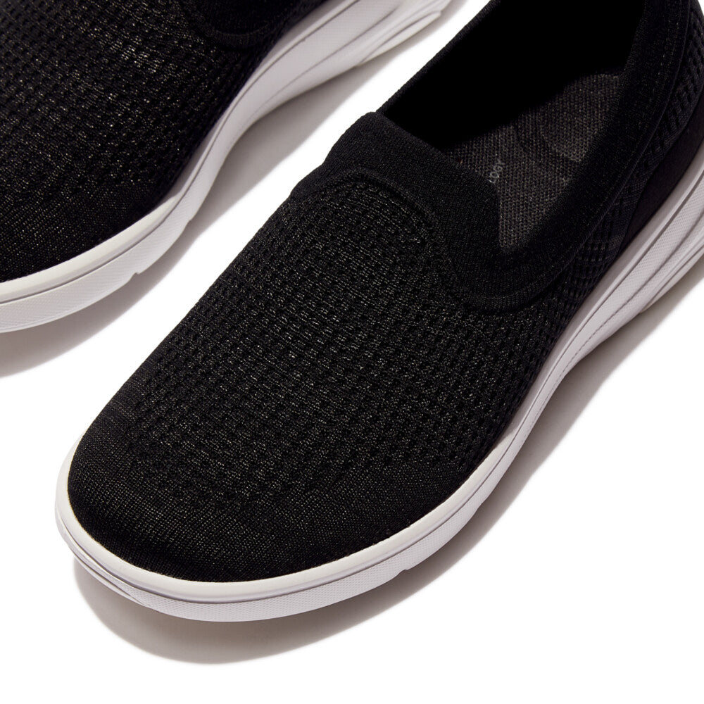 FitFlop SUPER-Q KNIT Womens Trainers Black top view showing the slip-on design and textured upper material.