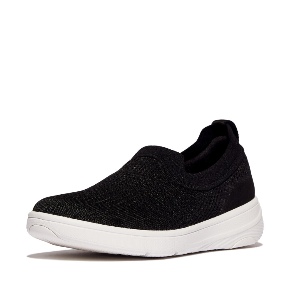FitFlop SUPER-Q KNIT Womens Trainers Black side view showing slip-on design and cushion sole.