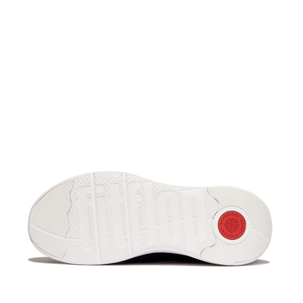 FitFlop SUPER-Q KNIT Womens Trainers Black sole view with rubber material and signature branding.