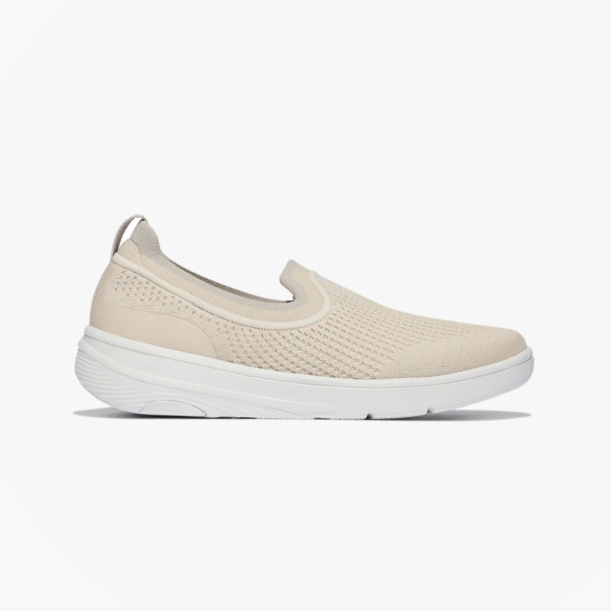FitFlop SUPER-Q KNIT Womens Trainers Paris Beige side view showing slip-on design and casual style.