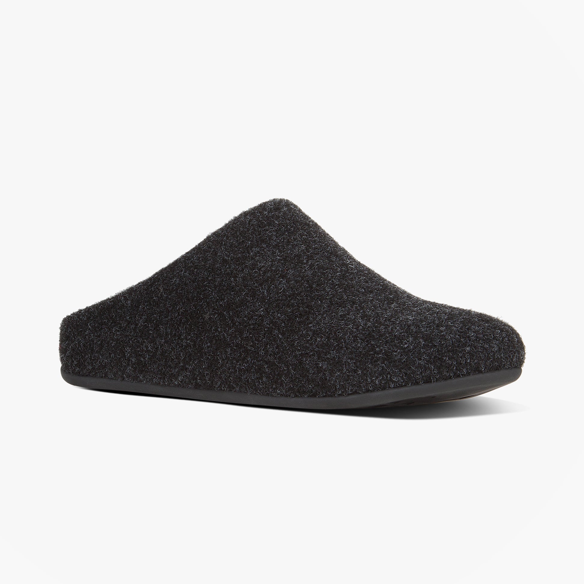 FitFlop CHRISSIE Womens Felt Slippers Black side view showing lightweight and comfortable slip-on design.
