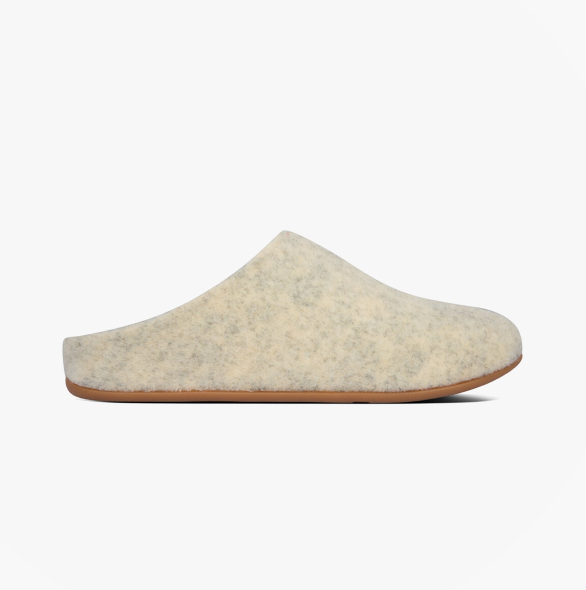 FitFlop CHRISSIE FELT Ladies Mule Slippers Cool Taupe side view showing soft felt upper and round toe design.