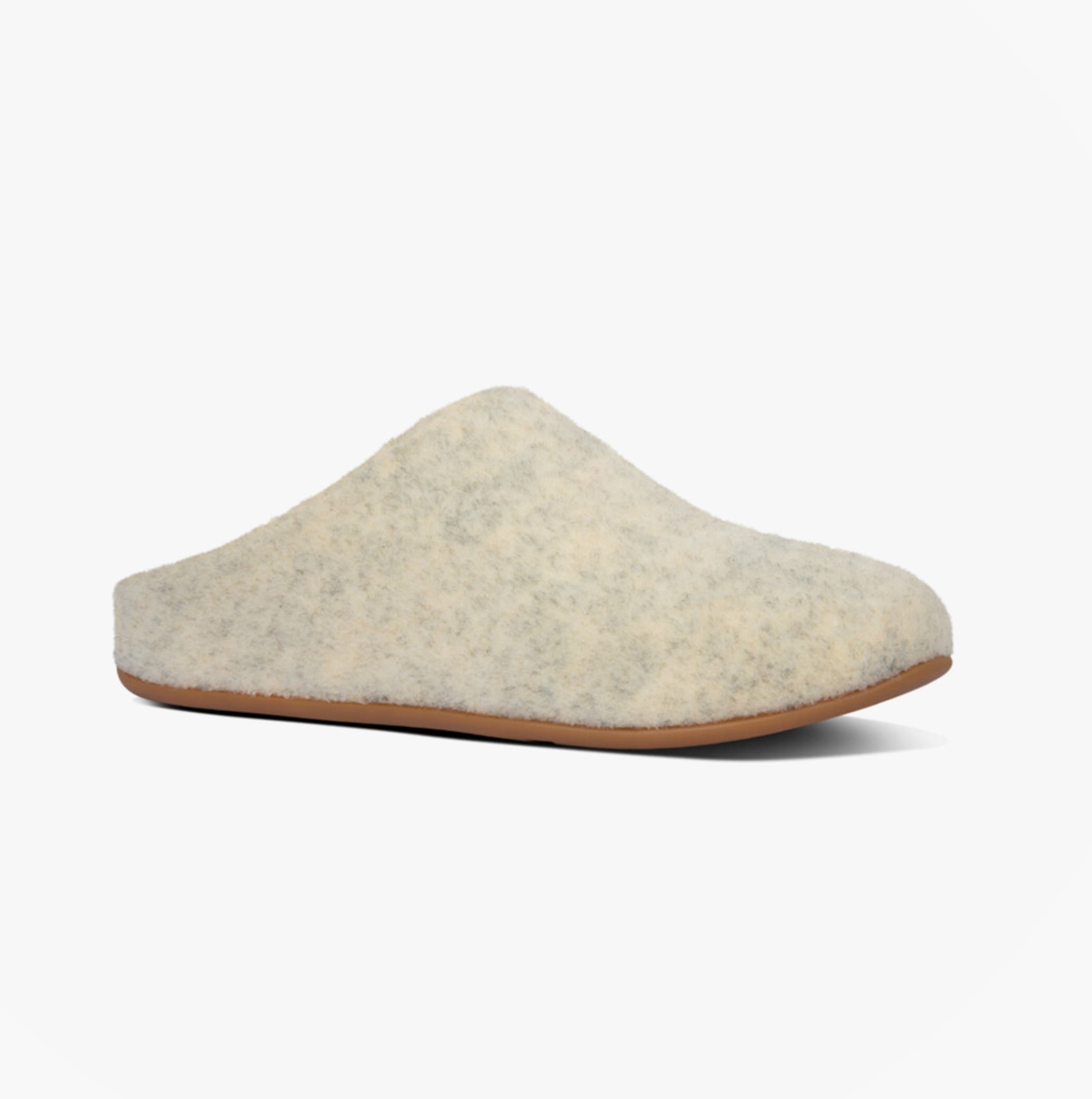 FitFlop CHRISSIE FELT Ladies Mule Slippers Cool Taupe side view showing soft felt upper and round toe shape.