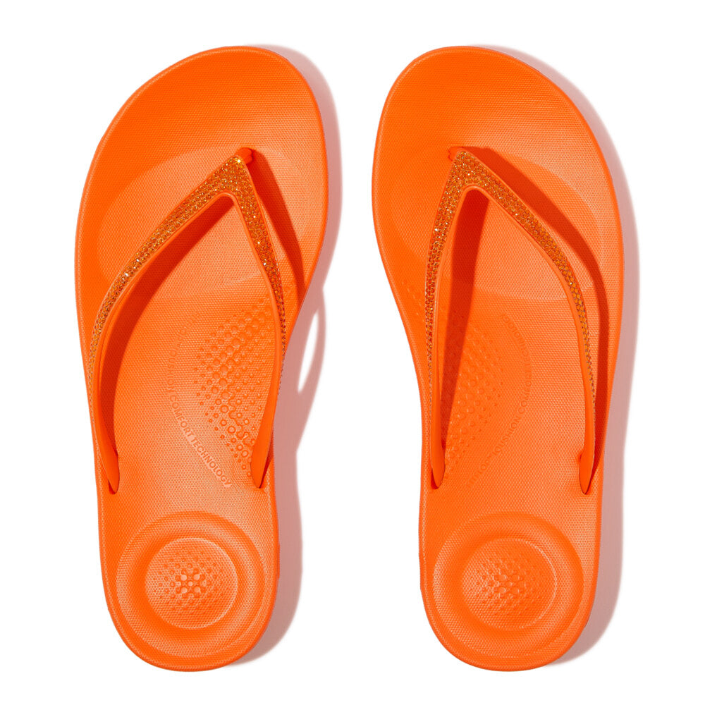 FitFlop IQUSHION SPARKLE Womens Toe Post Sandals Pop Orange top view showcasing the vibrant color and design.